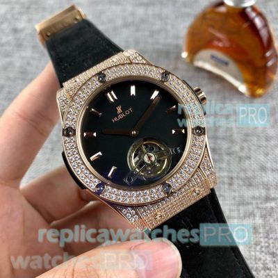 Copy Hublot Classic Fusion Tourbillon Black Dial Diamond Bezel Watch